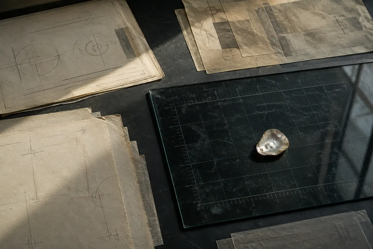 A mother-of-pearl shell resting on a gridded glass plate among drafting sheets.